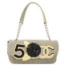 CHANEL Choco Bar Chain Camelia Shoulder Bag Canvas Gray Silver CC Auth 127321-2