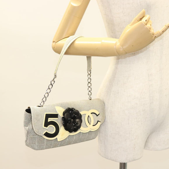 CHANEL Choco Bar Chain Camelia Shoulder Bag Canvas Gray Silver CC Auth 127321