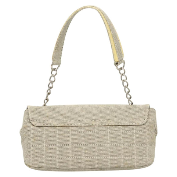 CHANEL Choco Bar Chain Camelia Shoulder Bag Canvas Gray Silver CC Auth 127321
