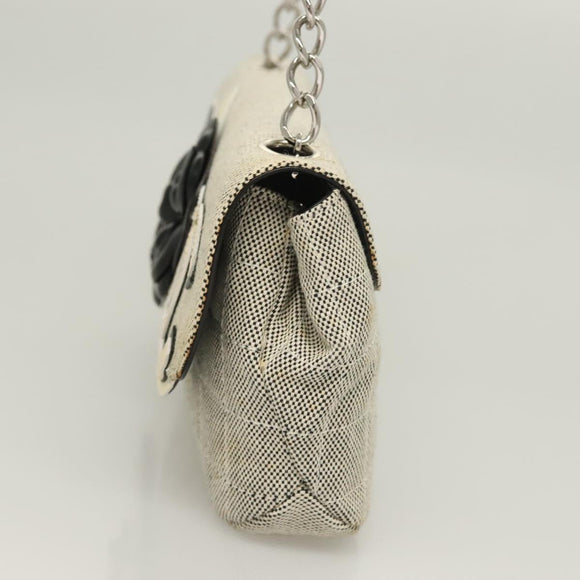 CHANEL Choco Bar Chain Camelia Shoulder Bag Canvas Gray Silver CC Auth 127321