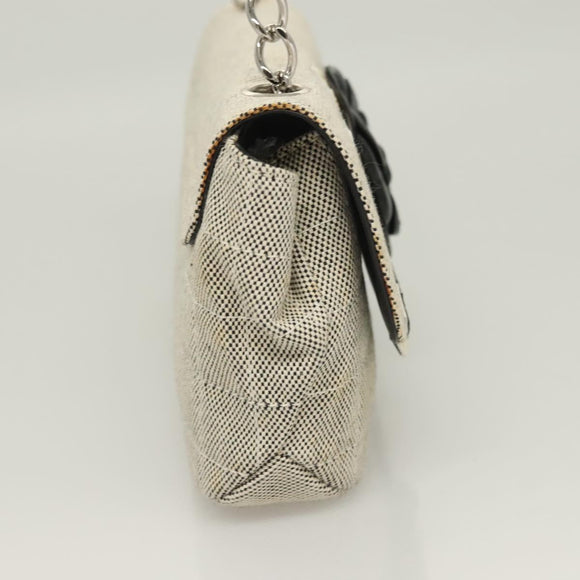 CHANEL Choco Bar Chain Camelia Shoulder Bag Canvas Gray Silver CC Auth 127321