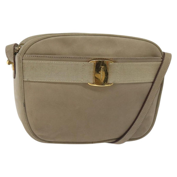 Salvatore Ferragamo Vala Shoulder Bag Suede Beige Gold Auth 127380