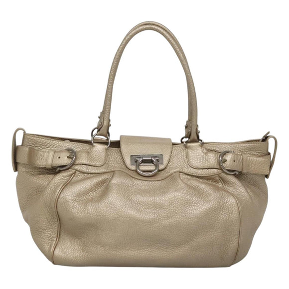 Salvatore Ferragamo Gancini Shoulder Bag Leather Gold Tone Silver Auth 127393