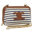 CELINE Triomphe Chain Shoulder Bag Cotton White Navy gold Auth 127401-1