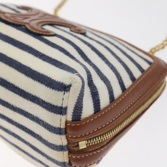 CELINE Triomphe Chain Shoulder Bag Cotton White Navy gold Auth 127401