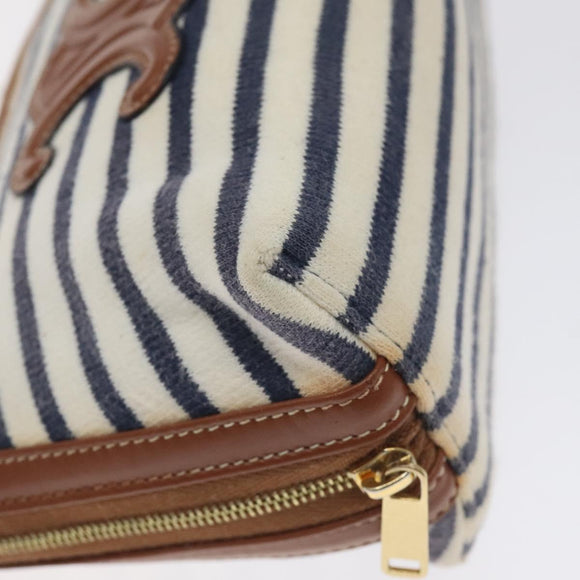 CELINE Triomphe Chain Shoulder Bag Cotton White Navy gold Auth 127401