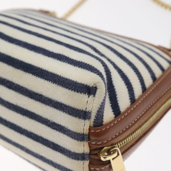 CELINE Triomphe Chain Shoulder Bag Cotton White Navy gold Auth 127401