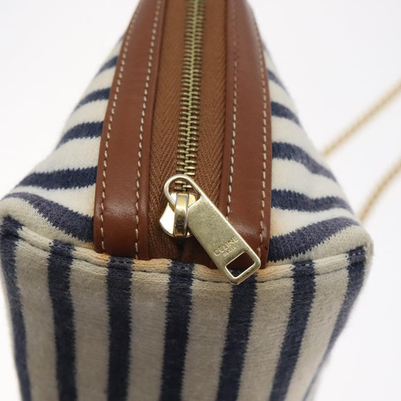 CELINE Triomphe Chain Shoulder Bag Cotton White Navy gold Auth 127401