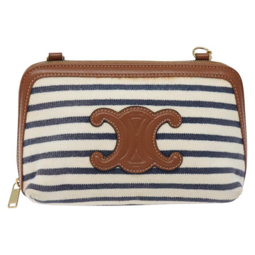 CELINE Triomphe Chain Shoulder Bag Cotton White Navy gold Auth 127401 - 0