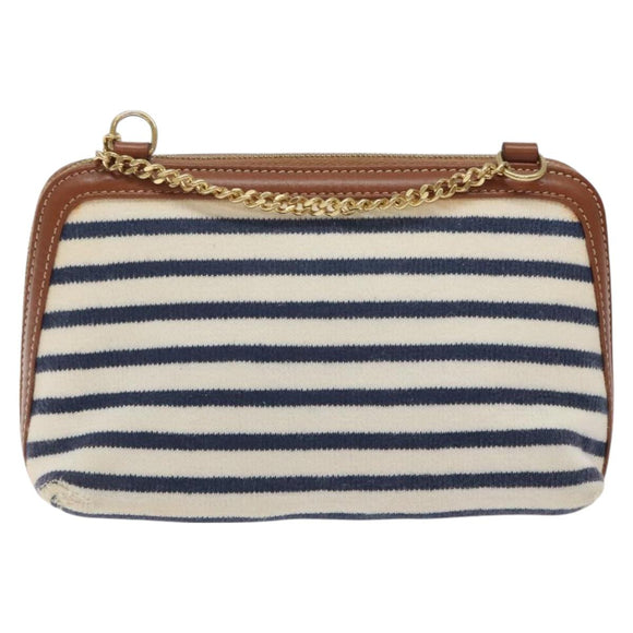 CELINE Triomphe Chain Shoulder Bag Cotton White Navy gold Auth 127401