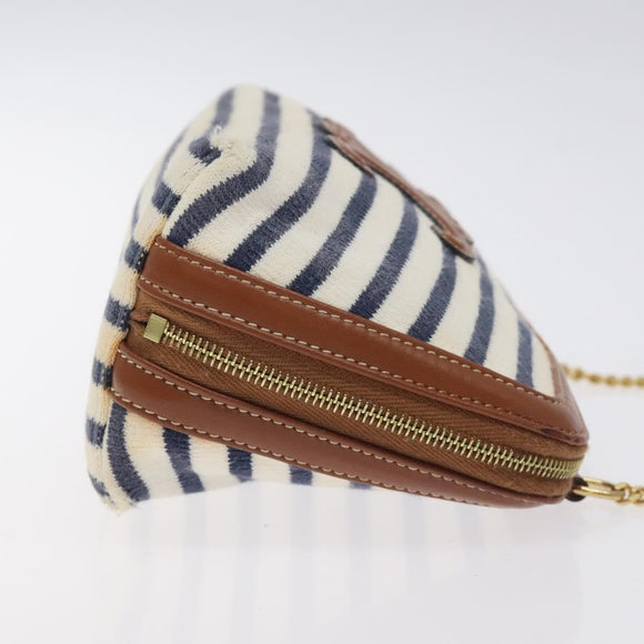 CELINE Triomphe Chain Shoulder Bag Cotton White Navy gold Auth 127401