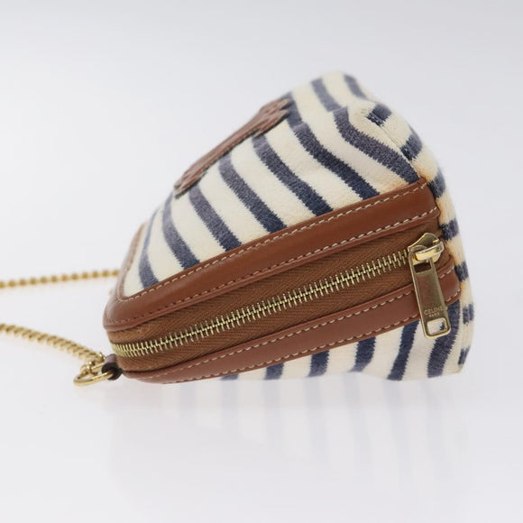 CELINE Triomphe Chain Shoulder Bag Cotton White Navy gold Auth 127401