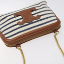 CELINE Triomphe Chain Shoulder Bag Cotton White Navy gold Auth 127401-6