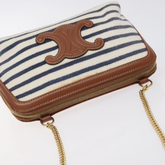 CELINE Triomphe Chain Shoulder Bag Cotton White Navy gold Auth 127401