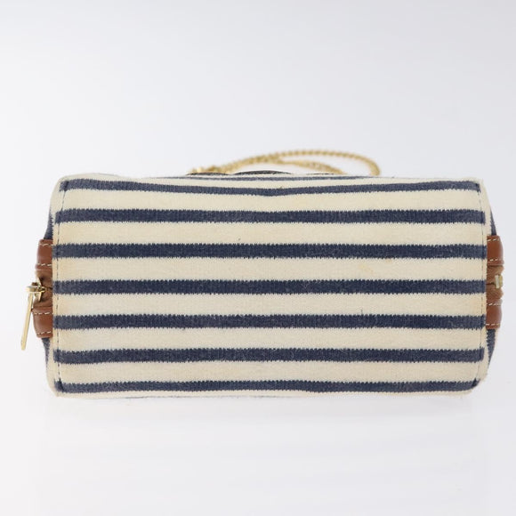 CELINE Triomphe Chain Shoulder Bag Cotton White Navy gold Auth 127401