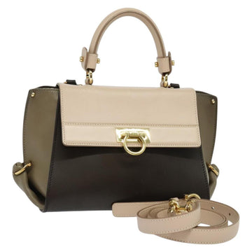 Salvatore Ferragamo Gancini Hand Bag Leather 2way Brown Gold Auth 127421