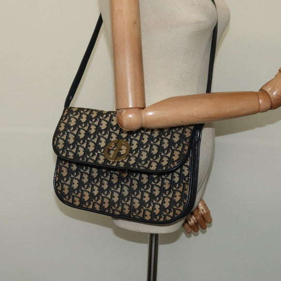Christian Dior Trotter Canvas Shoulder Bag Navy Gold Auth 127425