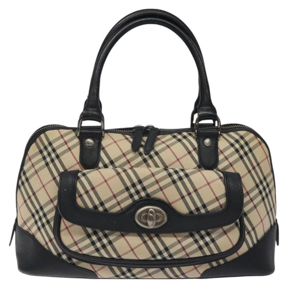 BURBERRY Nova Check Hand Bag Canvas Beige Silver Auth 127448
