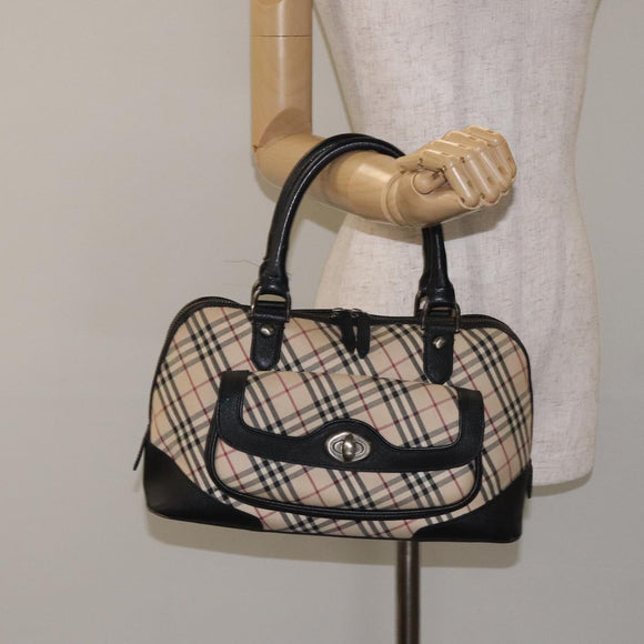 BURBERRY Nova Check Hand Bag Canvas Beige Silver Auth 127448