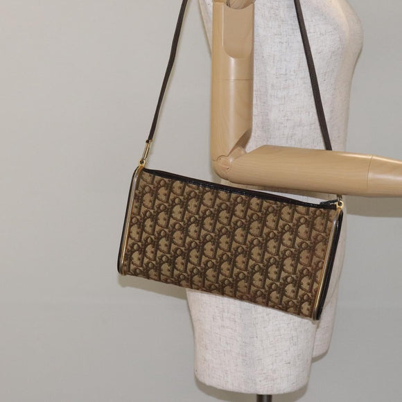 Christian Dior Trotter Canvas Shoulder Bag Brown Gold Auth 127452
