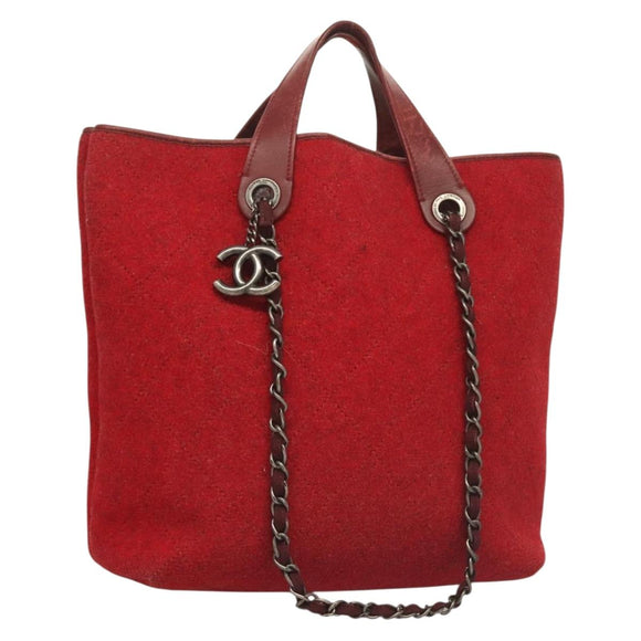 CHANEL Matelasse Chain Shoulder Bag Wool 2way Red CC Auth 127480