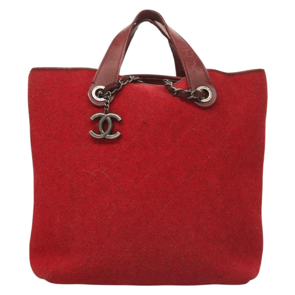 CHANEL Matelasse Chain Shoulder Bag Wool 2way Red CC Auth 127480