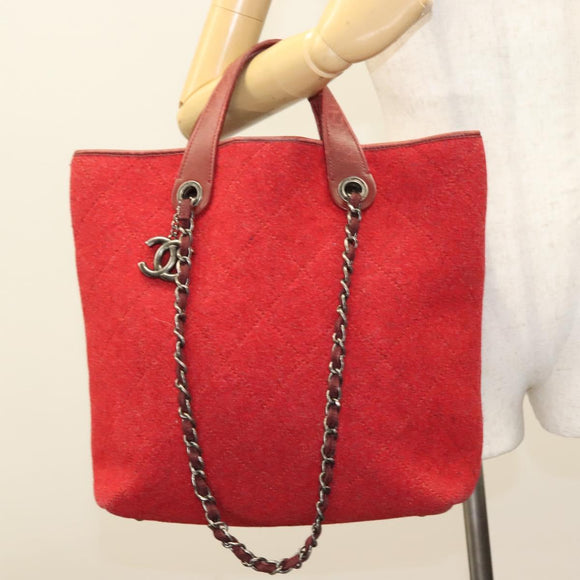 CHANEL Matelasse Chain Shoulder Bag Wool 2way Red CC Auth 127480
