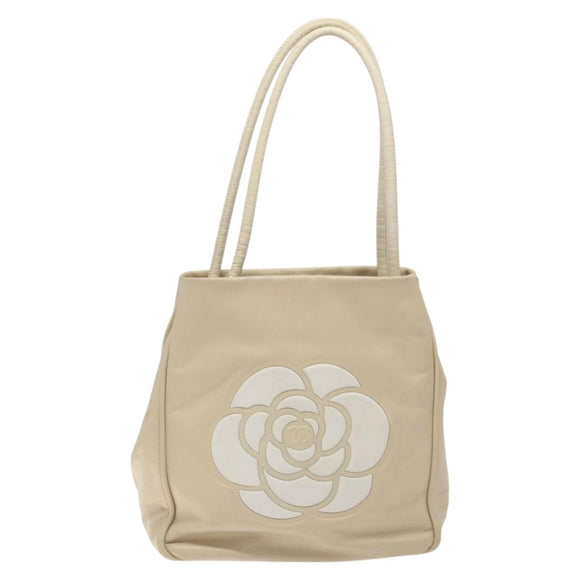 CHANEL Camelia Shoulder Bag Leather Ivory CC Auth 127482