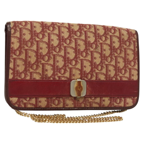 Christian Dior Trotter Canvas Chain Shoulder Bag Red Gold Auth 127501