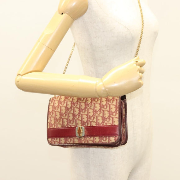 Christian Dior Trotter Canvas Chain Shoulder Bag Red Gold Auth 127501
