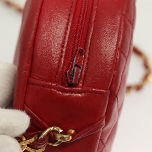 CHANEL Chain Shoulder Bag Lamb Skin Red Gold CC Auth 127505