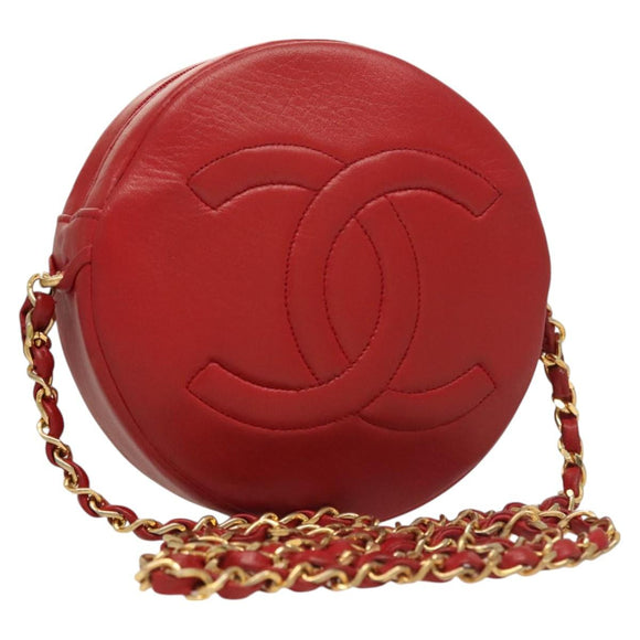 CHANEL Chain Shoulder Bag Lamb Skin Red Gold CC Auth 127505