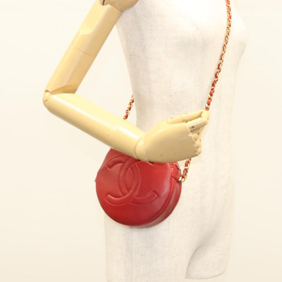 CHANEL Chain Shoulder Bag Lamb Skin Red Gold CC Auth 127505