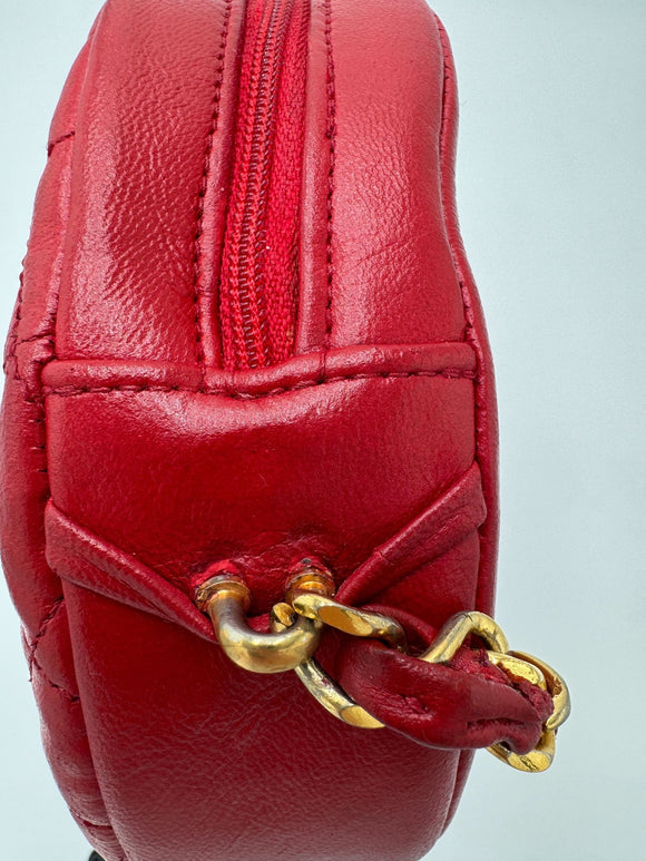 CHANEL Chain Shoulder Bag Lamb Skin Red Gold CC Auth 127505
