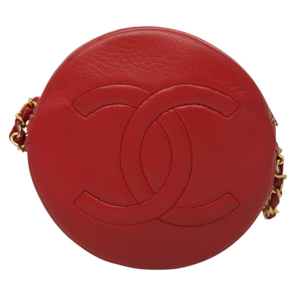 CHANEL Chain Shoulder Bag Lamb Skin Red Gold CC Auth 127505