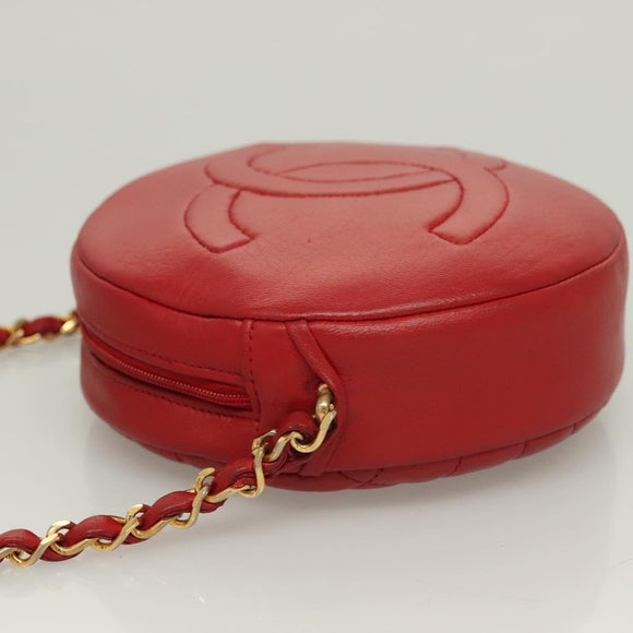 CHANEL Chain Shoulder Bag Lamb Skin Red Gold CC Auth 127505