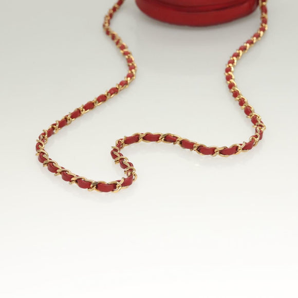 CHANEL Schoudertas met Ketting Lamsleer Rood Goud CC Auth 127505