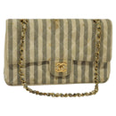 CHANEL Striped Matelasse Chain Shoulder Bag Canvas White Gray CC Auth 127507-1