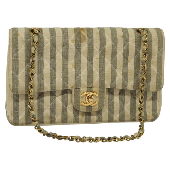 CHANEL Striped Matelasse Chain Shoulder Bag Canvas White Gray CC Auth 127507