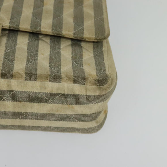 CHANEL Striped Matelasse Chain Shoulder Bag Canvas White Gray CC Auth 127507