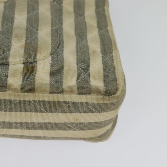 CHANEL Striped Matelasse Chain Shoulder Bag Canvas White Gray CC Auth 127507