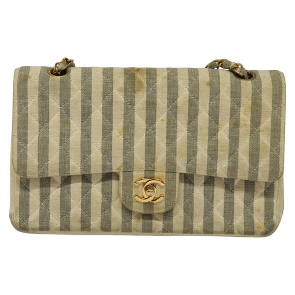CHANEL Striped Matelasse Chain Shoulder Bag Canvas White Gray CC Auth 127507