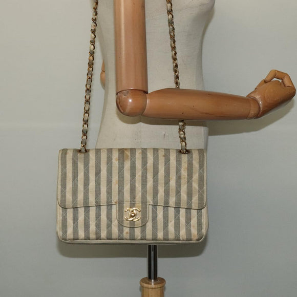CHANEL Striped Matelasse Chain Shoulder Bag Canvas White Gray CC Auth 127507