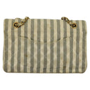 CHANEL Striped Matelasse Chain Shoulder Bag Canvas White Gray CC Auth 127507-2