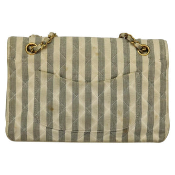 CHANEL Striped Matelasse Chain Shoulder Bag Canvas White Gray CC Auth 127507 - 0