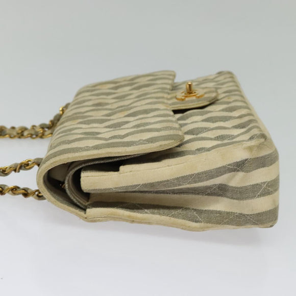CHANEL Striped Matelasse Chain Shoulder Bag Canvas White Gray CC Auth 127507