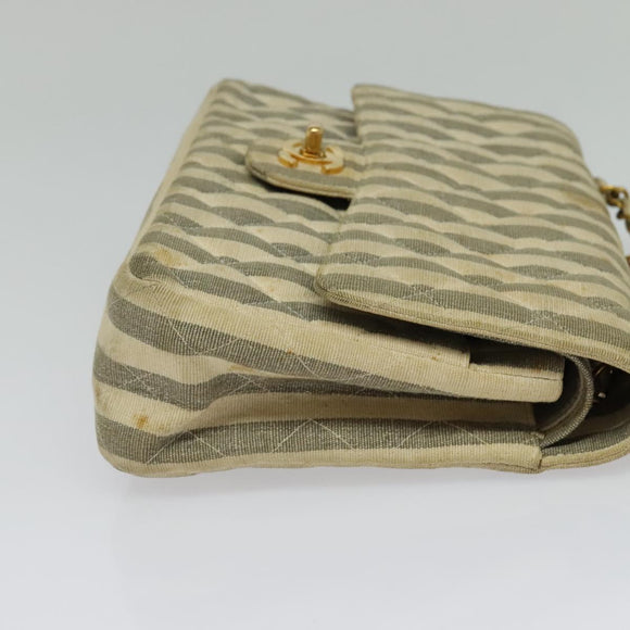 CHANEL Striped Matelasse Chain Shoulder Bag Canvas White Gray CC Auth 127507