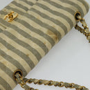 CHANEL Striped Matelasse Chain Shoulder Bag Canvas White Gray CC Auth 127507-6