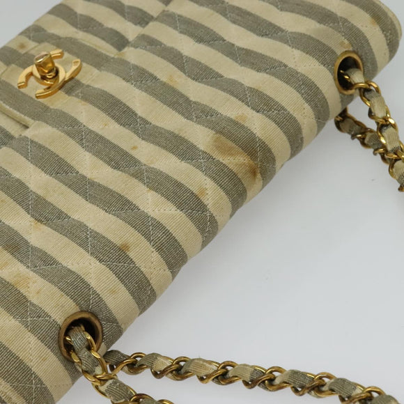 CHANEL Striped Matelasse Chain Shoulder Bag Canvas White Gray CC Auth 127507