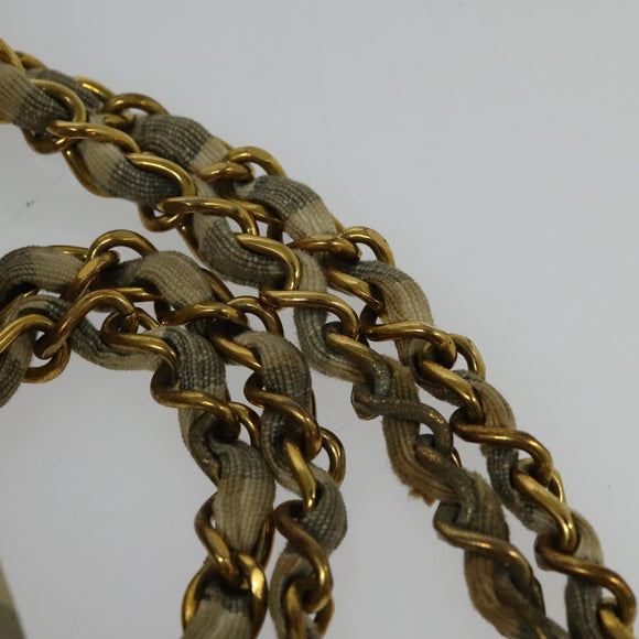 CHANEL Striped Matelasse Chain Shoulder Bag Canvas White Gray CC Auth 127507